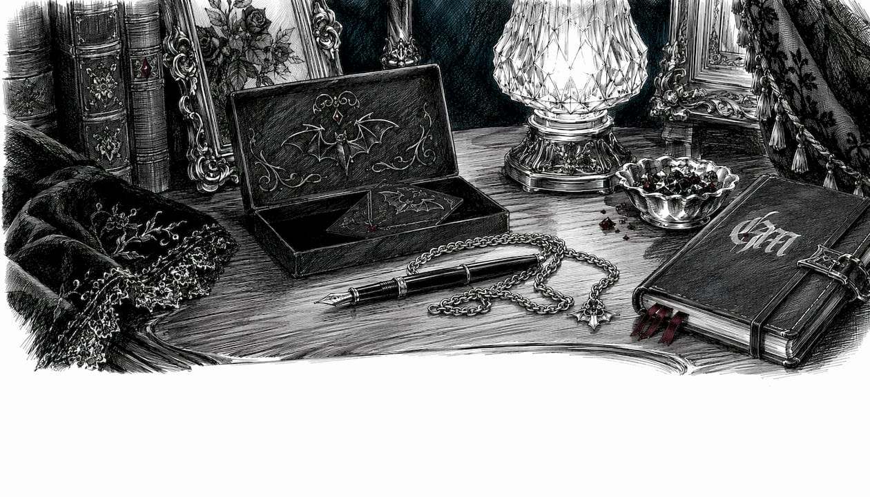 Ink sketch of gothic packaging sensory details