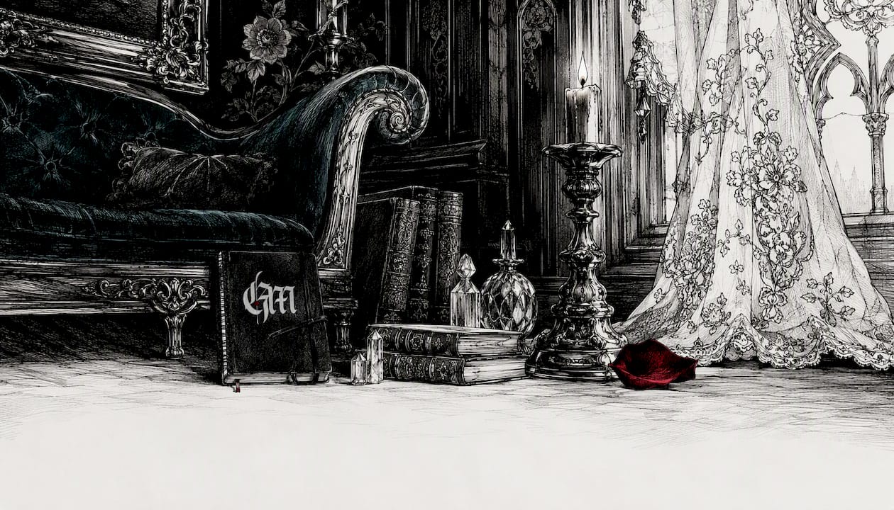 Pen and ink sketch of layered dark decor textures