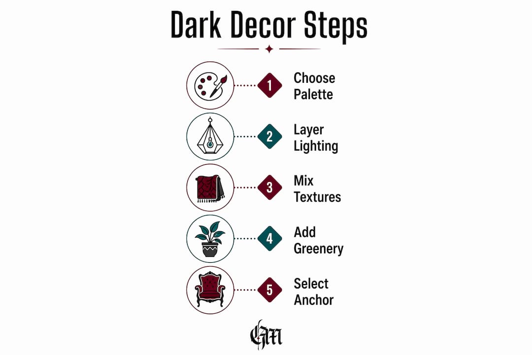 Infographic showing steps for creating dark moody decor