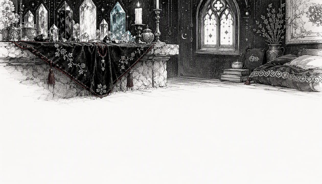 Crystal arrangements on ornate altar cloth