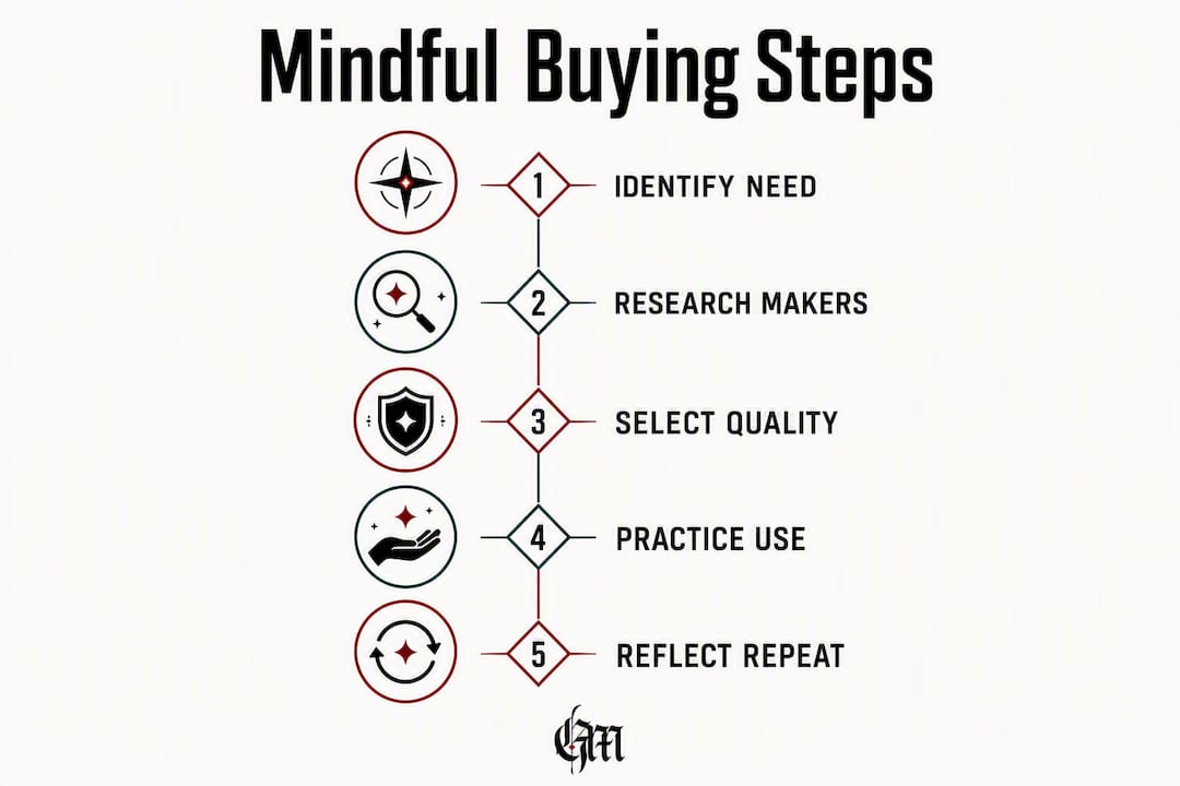 Infographic showing mindful buying steps for witchy products