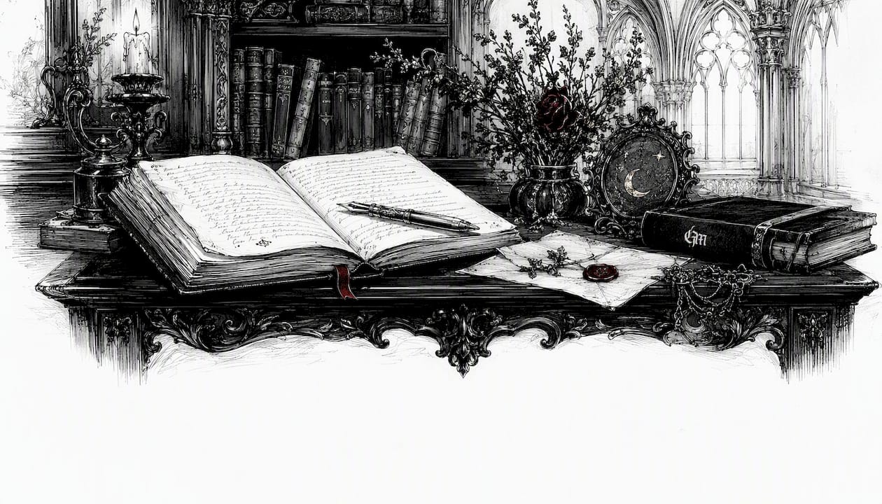 Study desk with notebook and florals in gothic setting