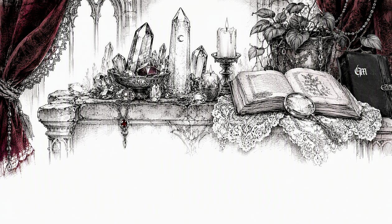 Close-up sketch of crystals and antique items