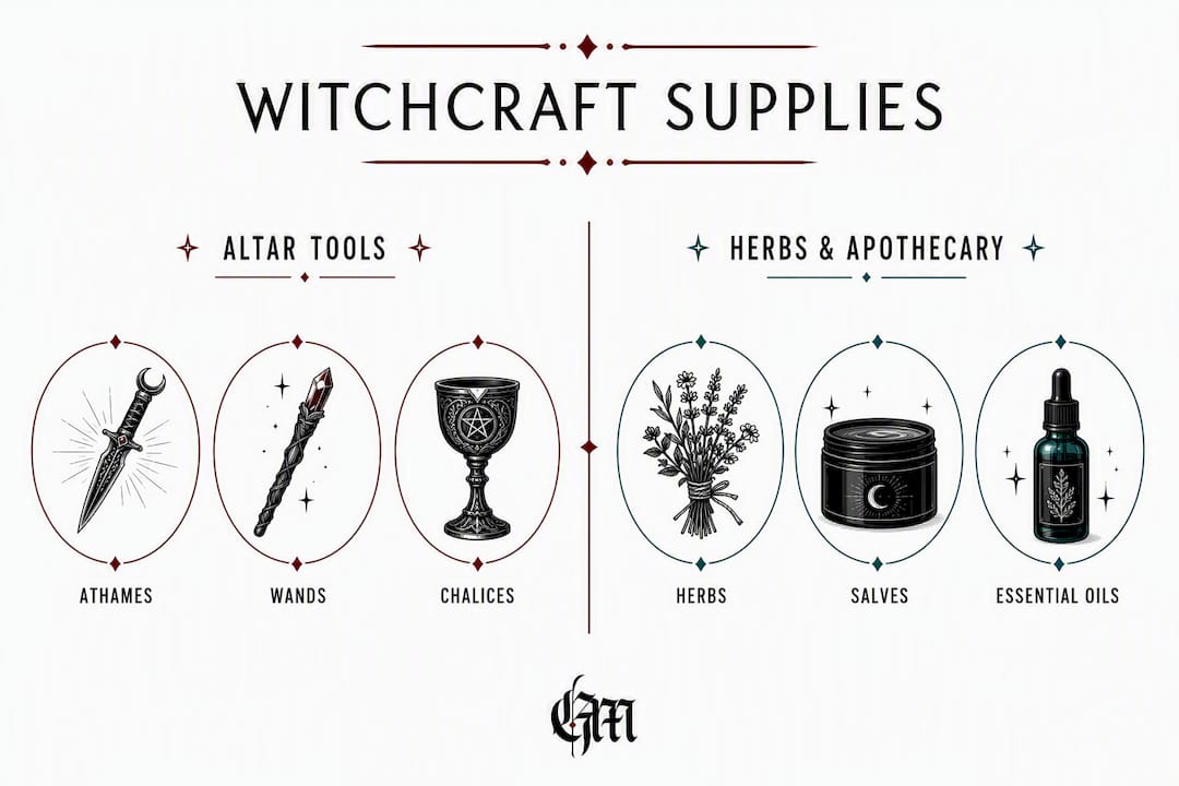Infographic comparing altar tools and herbs categories in witchcraft supplies