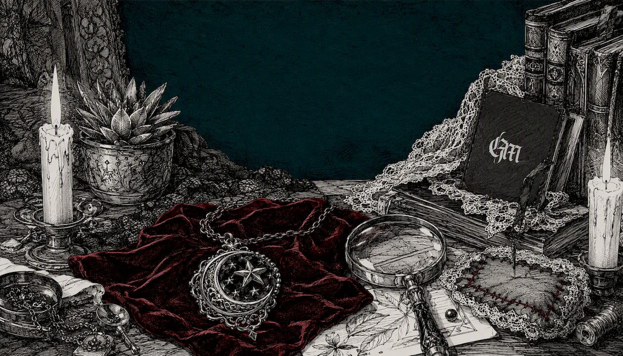 Jeweler's table with occult pendant close-up