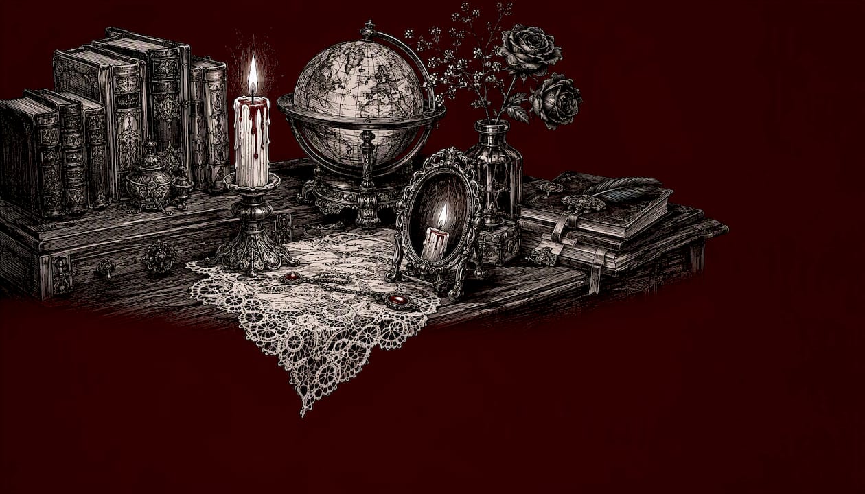 Pen and ink Victorian gothic study desk sketch