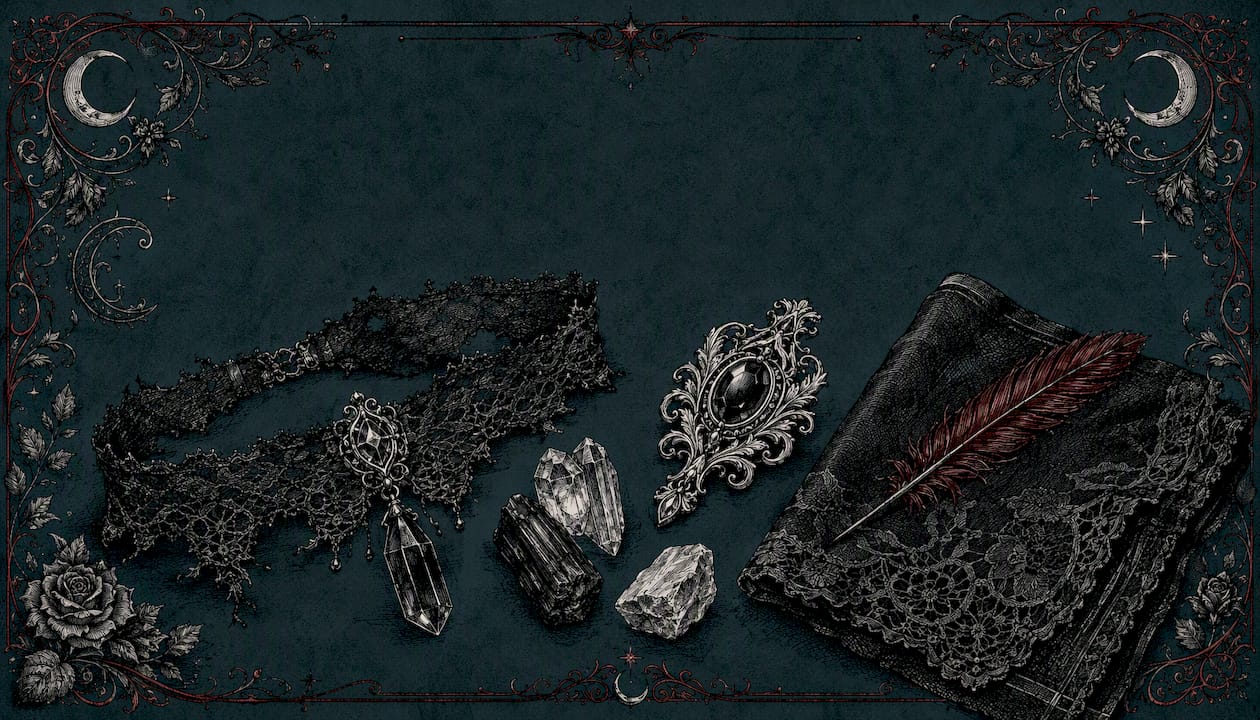 Flat-lay sketch of gothic fashion accessories