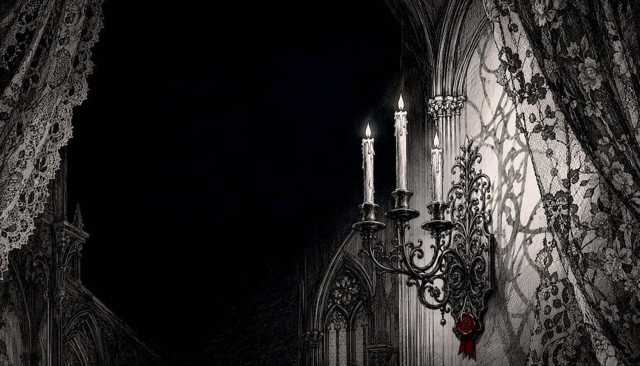 Pen and ink sketch of ornate wrought iron wall sconce with candles