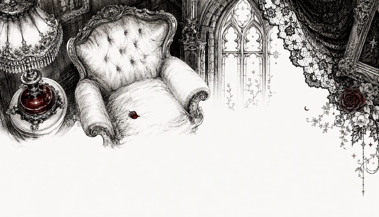 Pen and ink sketch showing velvet, brass, and matte textures in gothic room