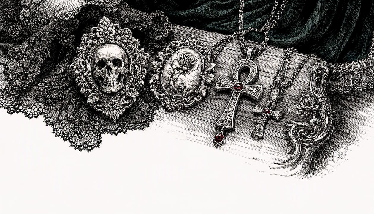 Pen and ink sketch of Victorian gothic accessories