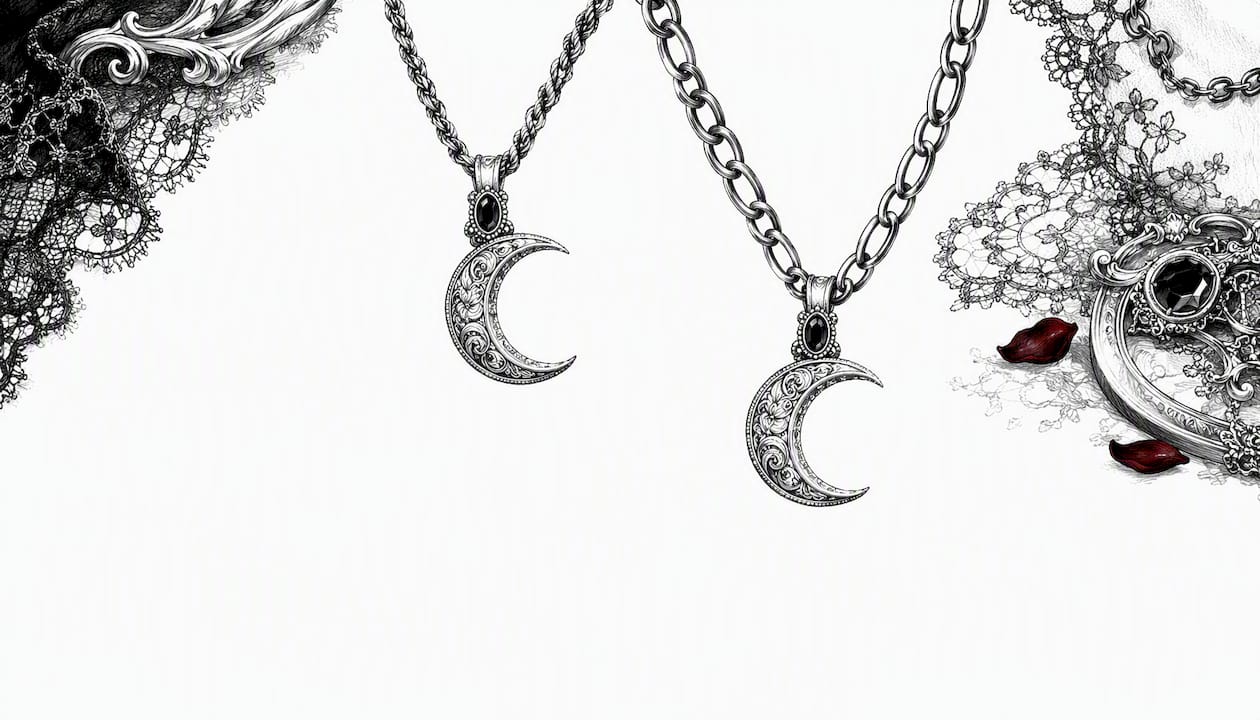 Moon pendant hanging on two gothic chains