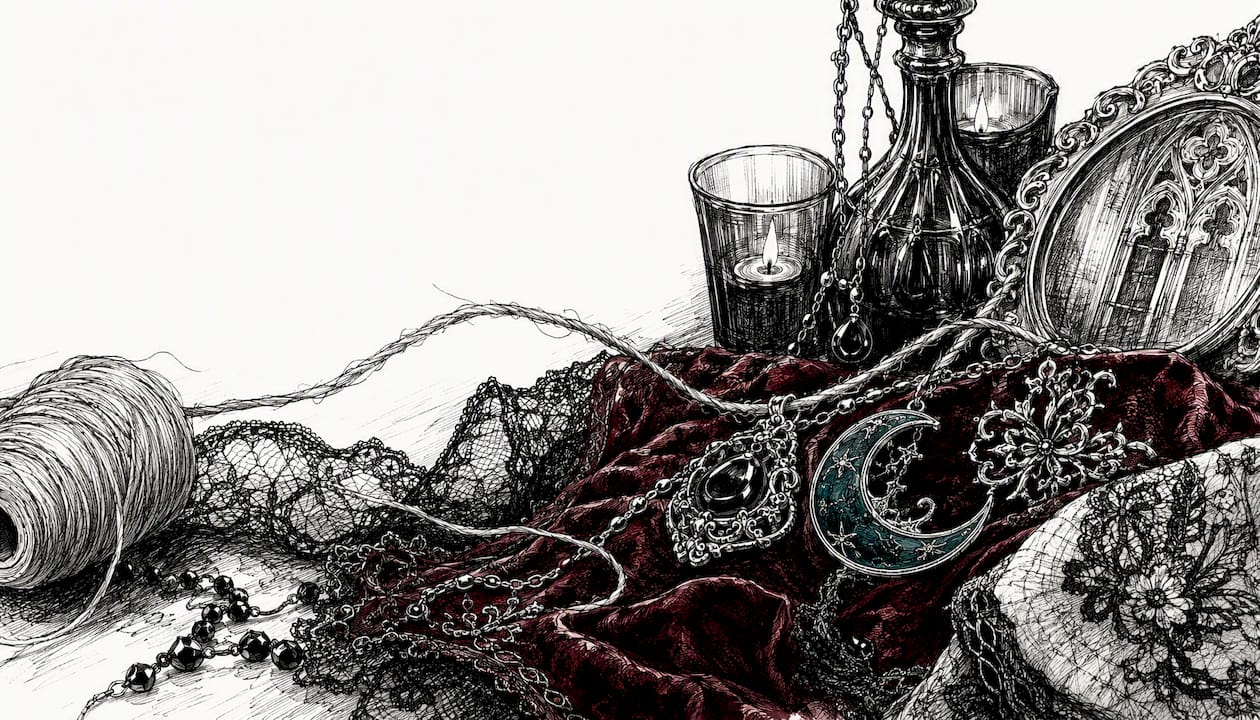 String draped on velvet with gothic accessories