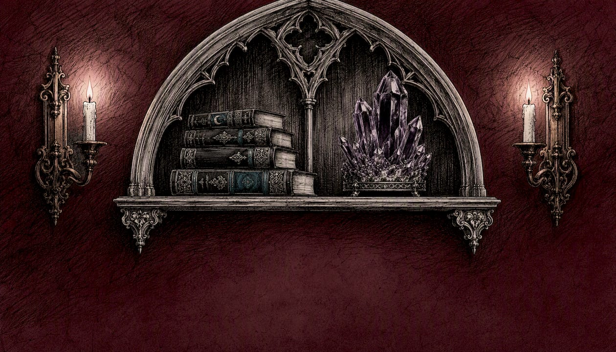 Styled gothic arch shelf with brass sconces and display items