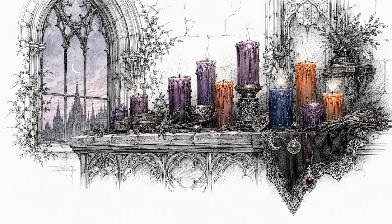 Colored candles burning on gothic altar close-up