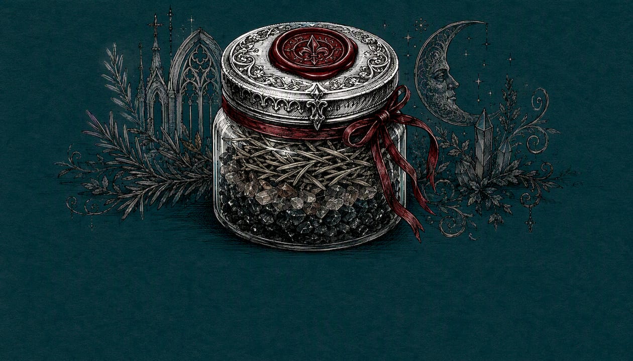 Sketch of protection charm jar with stones and herbs
