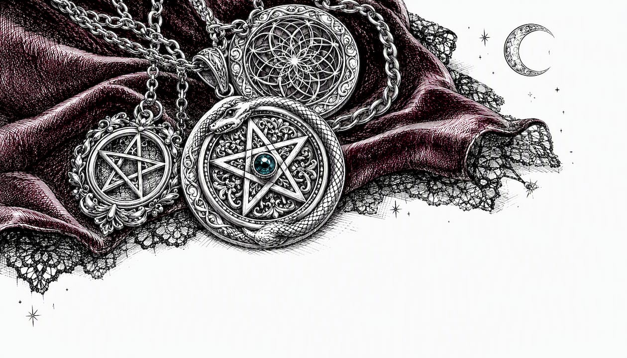 Sketch of gothic jewelry with esoteric symbols on velvet