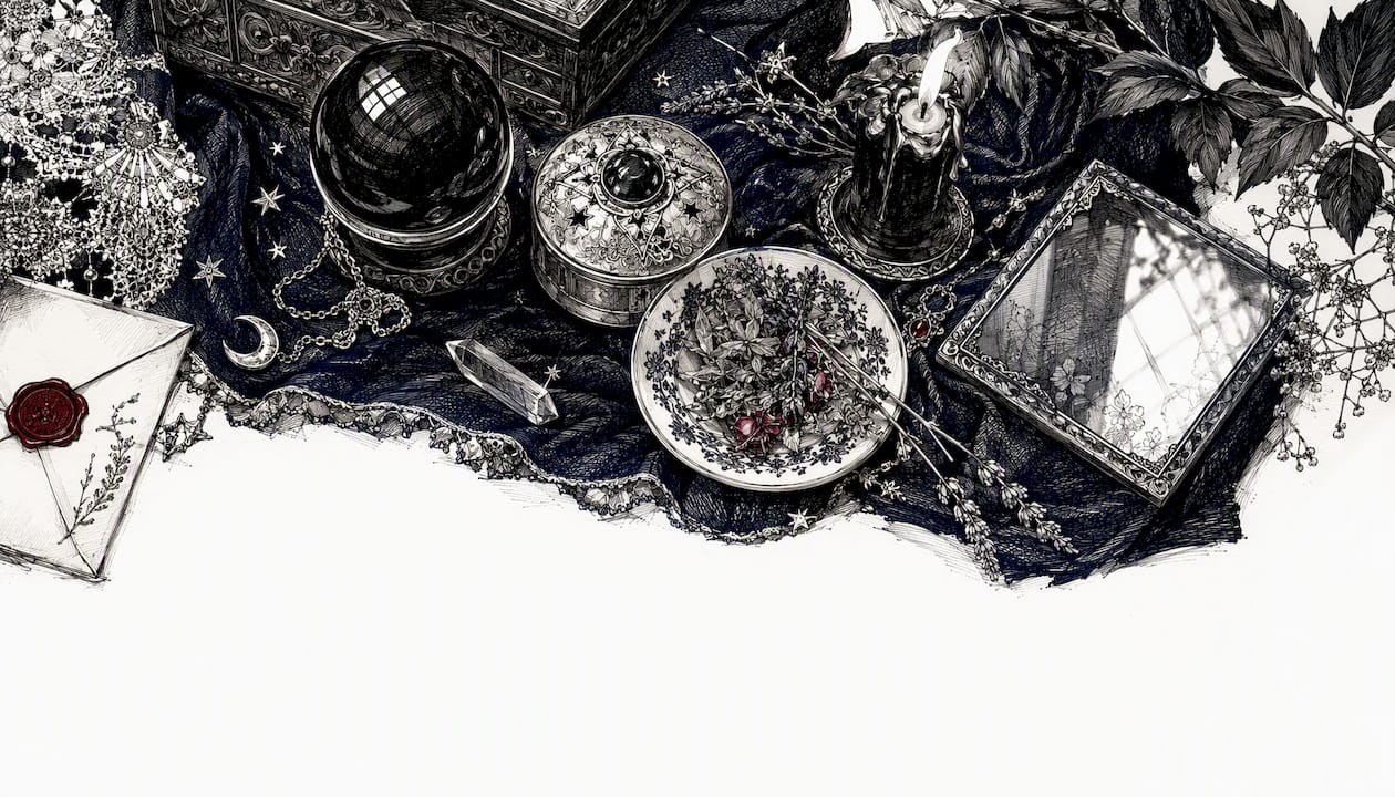 Eclectic pagan altar tokens with candle