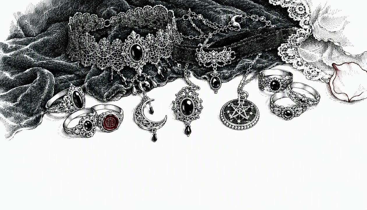 Ink sketch of gothic jewelry close-up