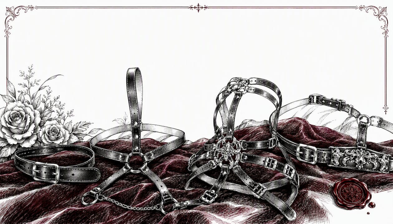 Ink sketch of belts and harnesses on velvet