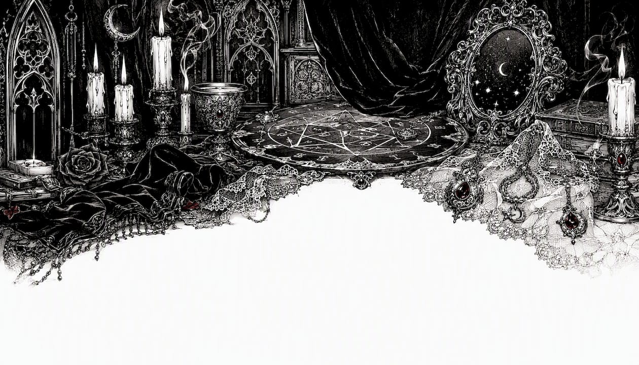 Sketch of occult altar with symbols and candles