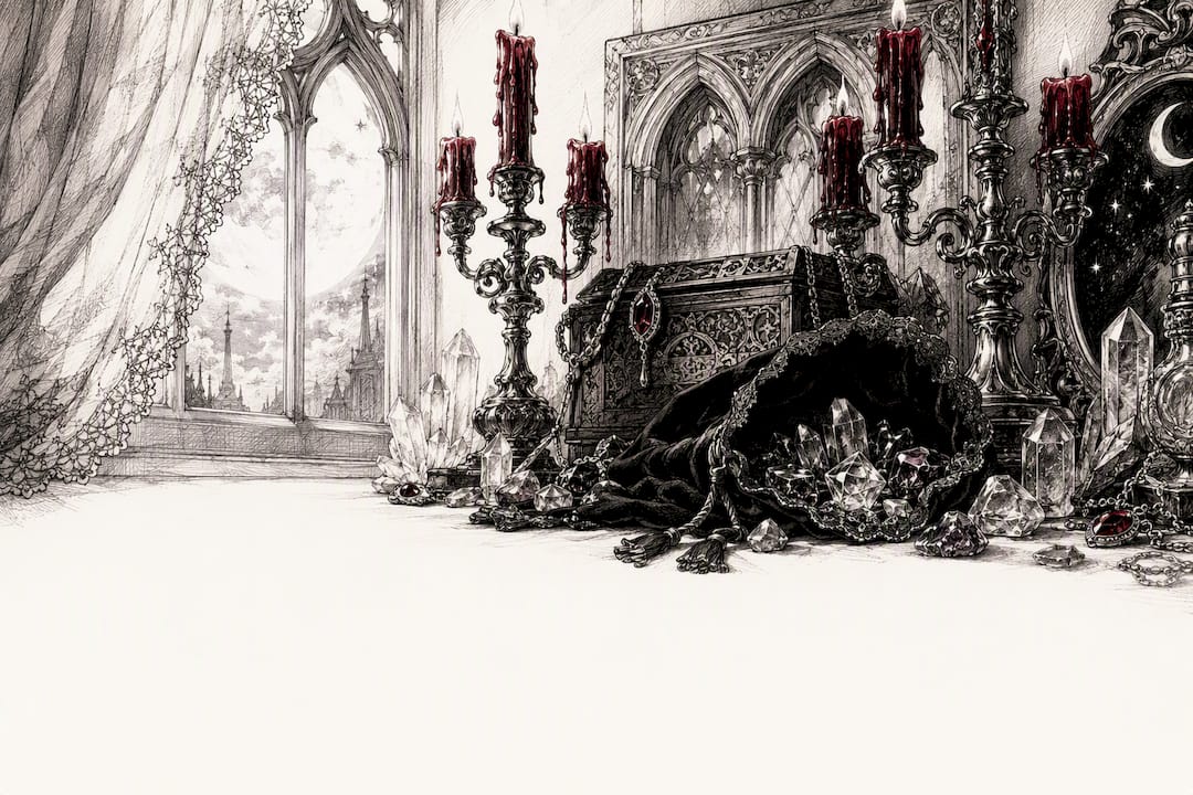 Victorian gothic altar with candles and occult crystals