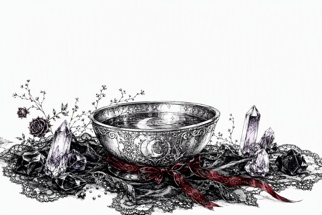 Ink sketch of ritual scrying bowl with ribbon accent