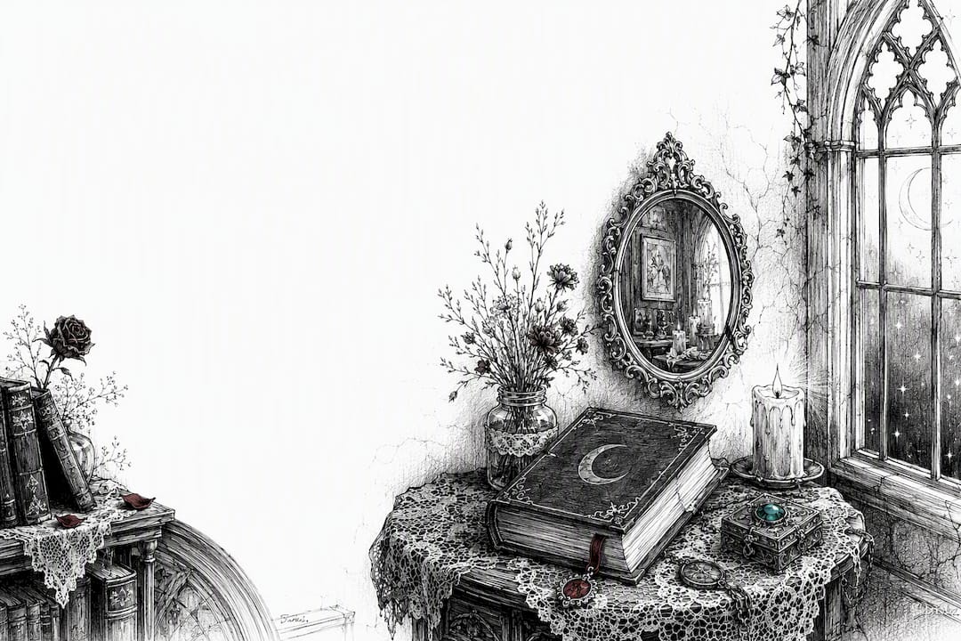 Ink sketch of small gothic decor vignette