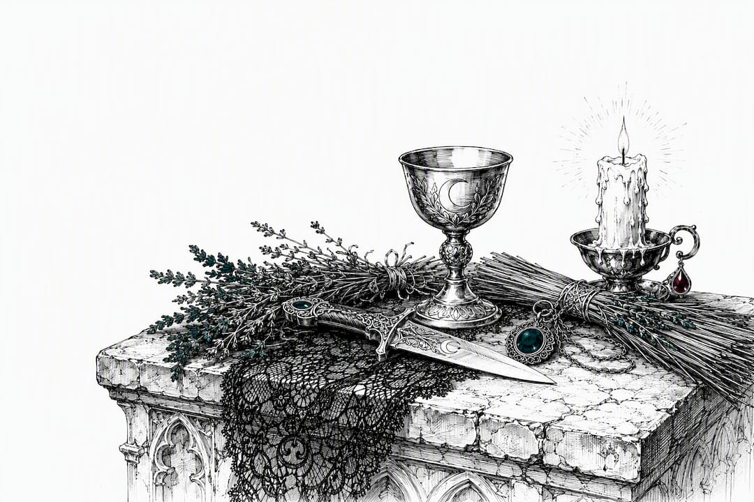 Ink sketch of ritual tools set for cleansing with candlelight