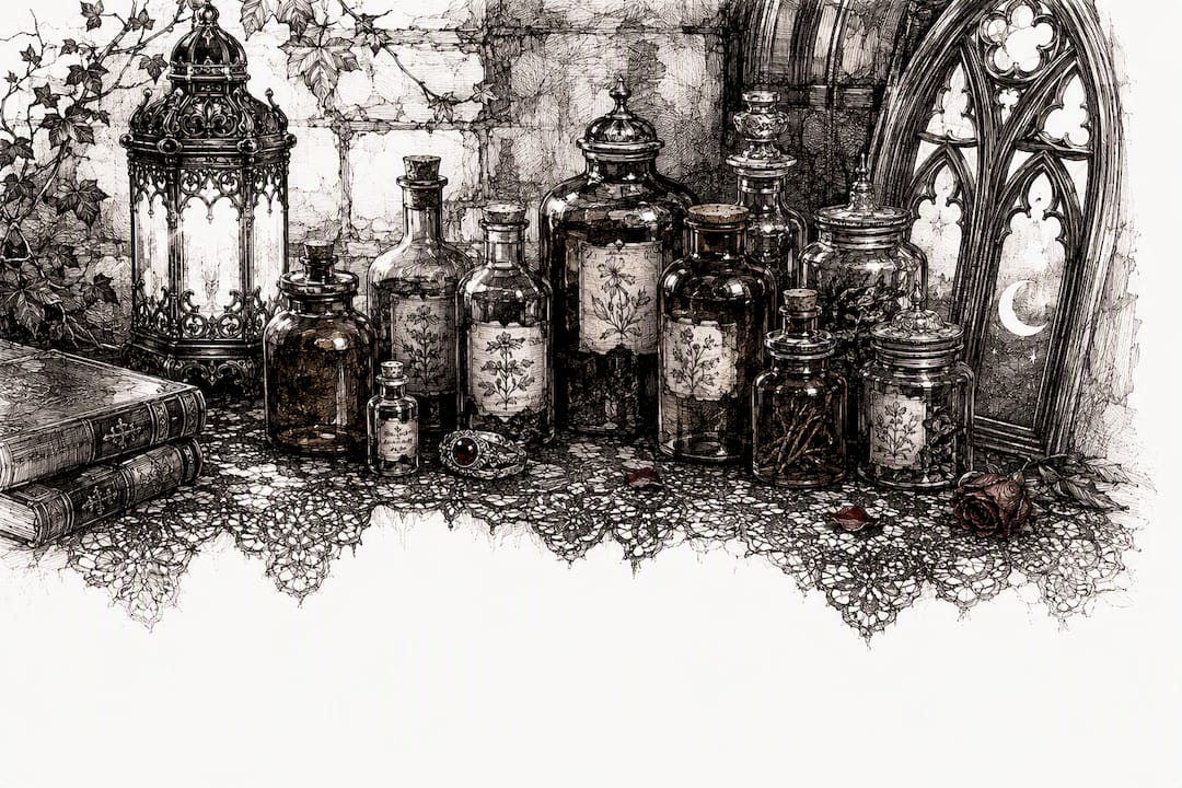 Vintage amber glass bottles and jars on velvet