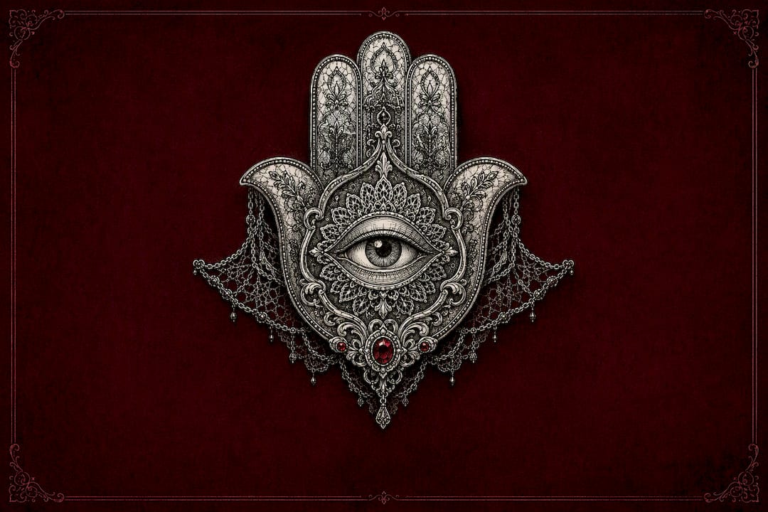 Line art of gothic hamsa amulet