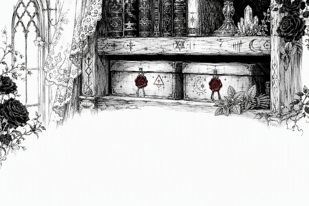Sketch of concealed folk magic items in wall cavity
