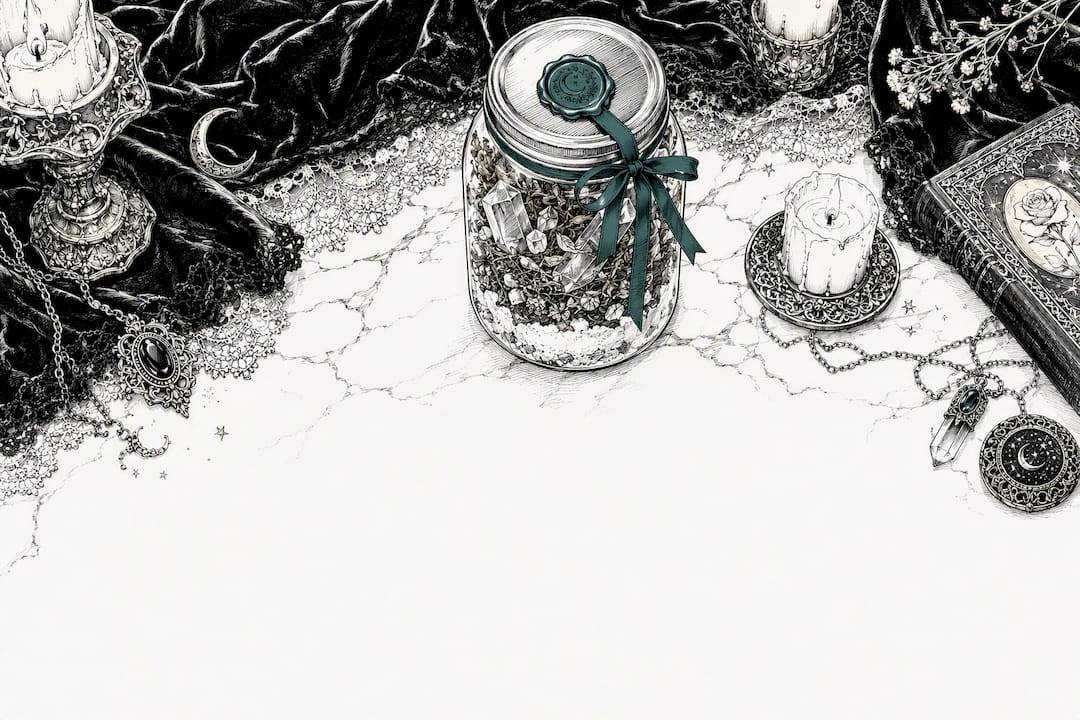Sketch of modern witch bottle altar with herbs and crystals