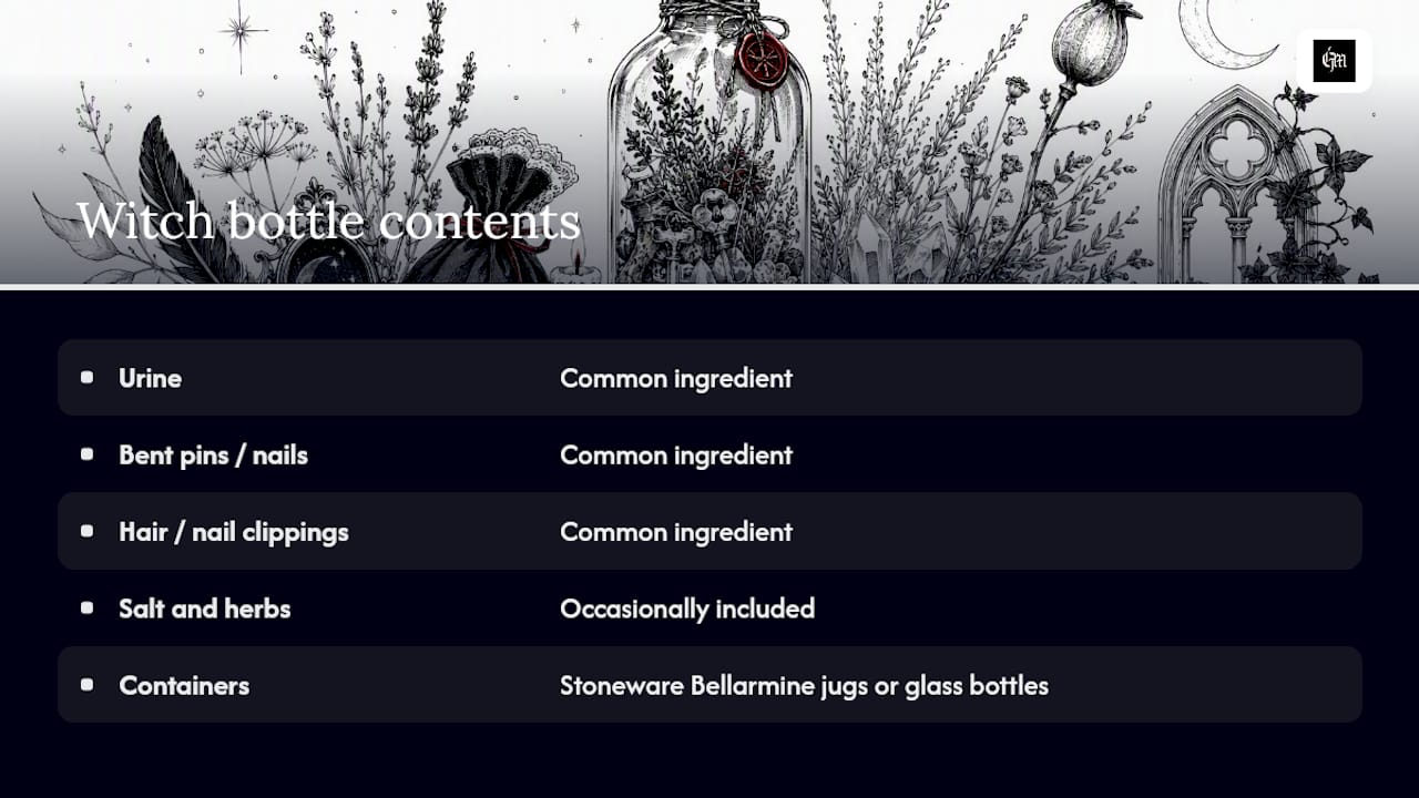 Diagram of common witch bottle ingredients
