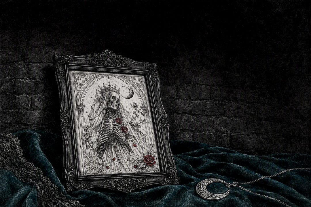 Antique framed horror art print close-up