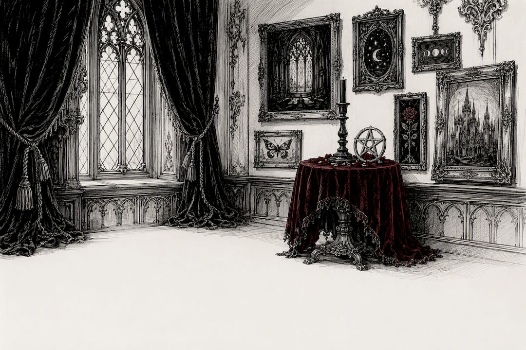 Victorian room corner with gothic prints and window light