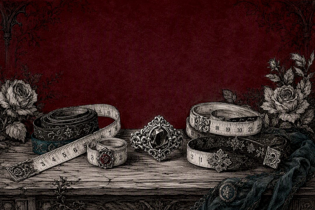Velvet cushion with measuring tapes and gothic ring