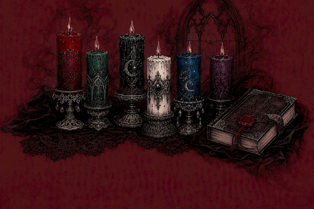 Pen and ink sketch of ritual candles with gothic arch