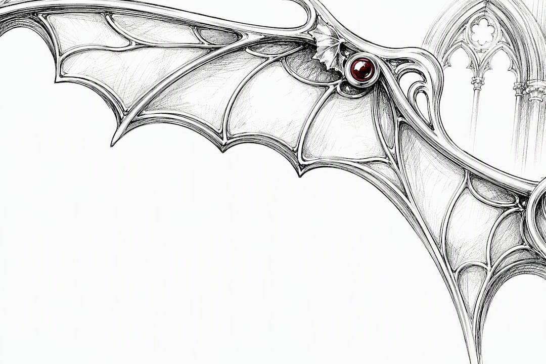 Art Nouveau enamel wing detail in ink