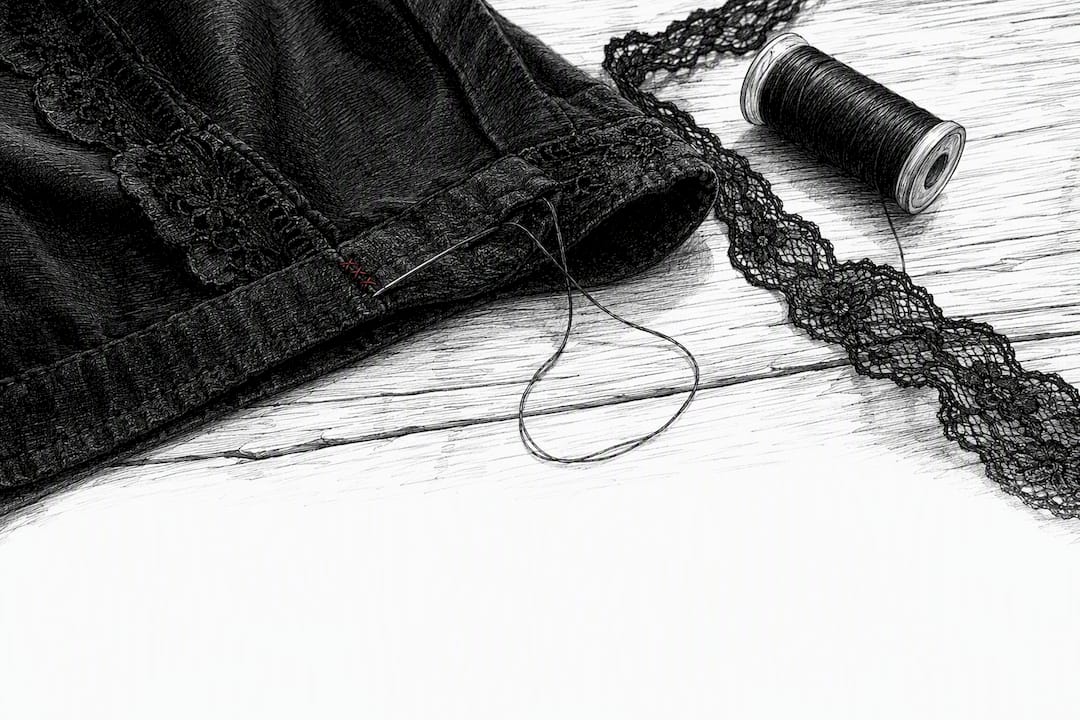 Reinforced hem with lace trim and thread