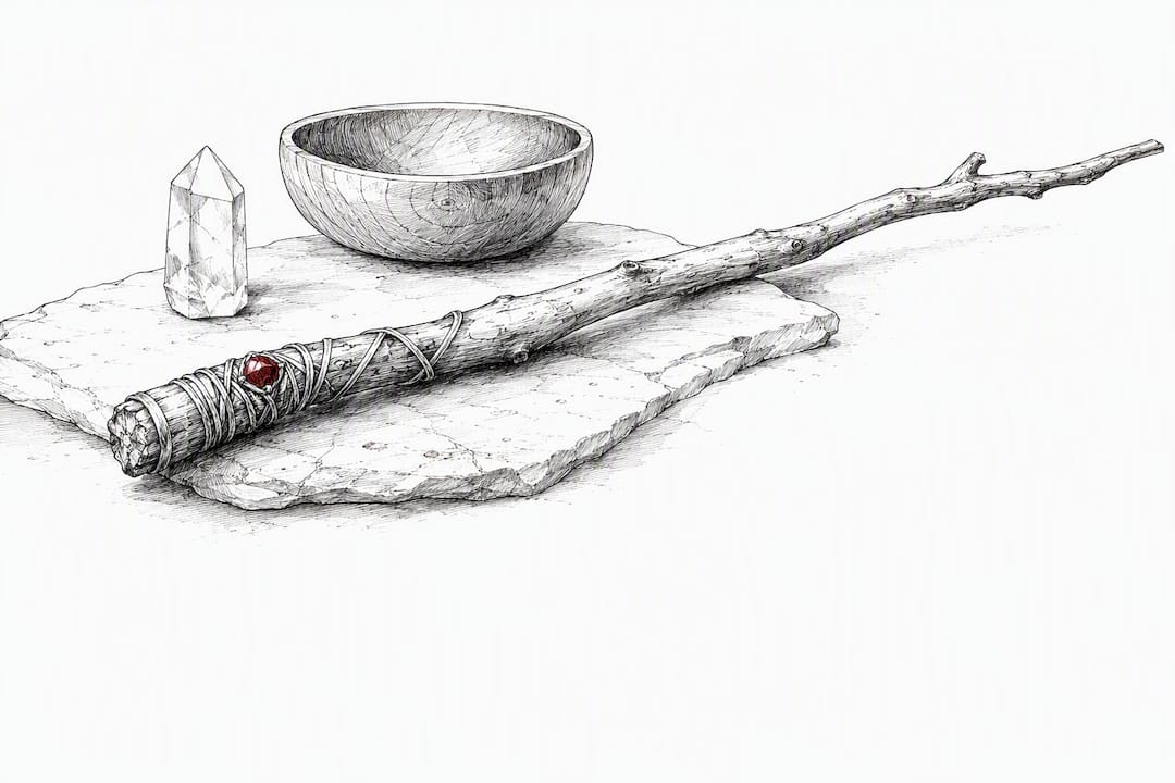 Fallen branch beside simple wand materials