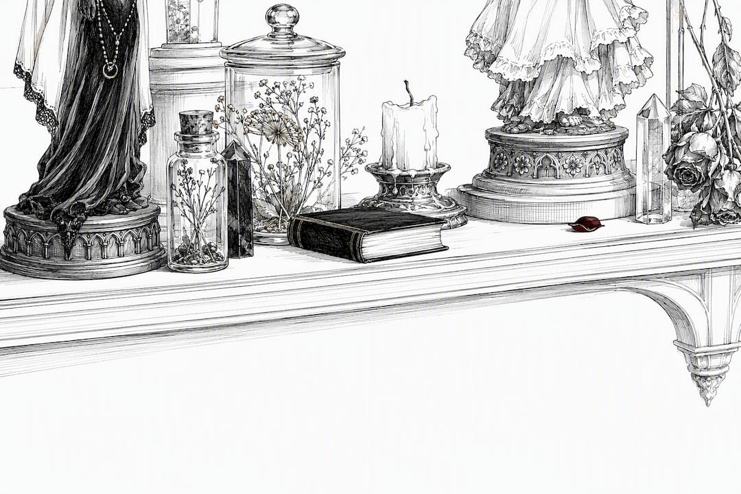 Figurine fragments arranged in shelf vignette