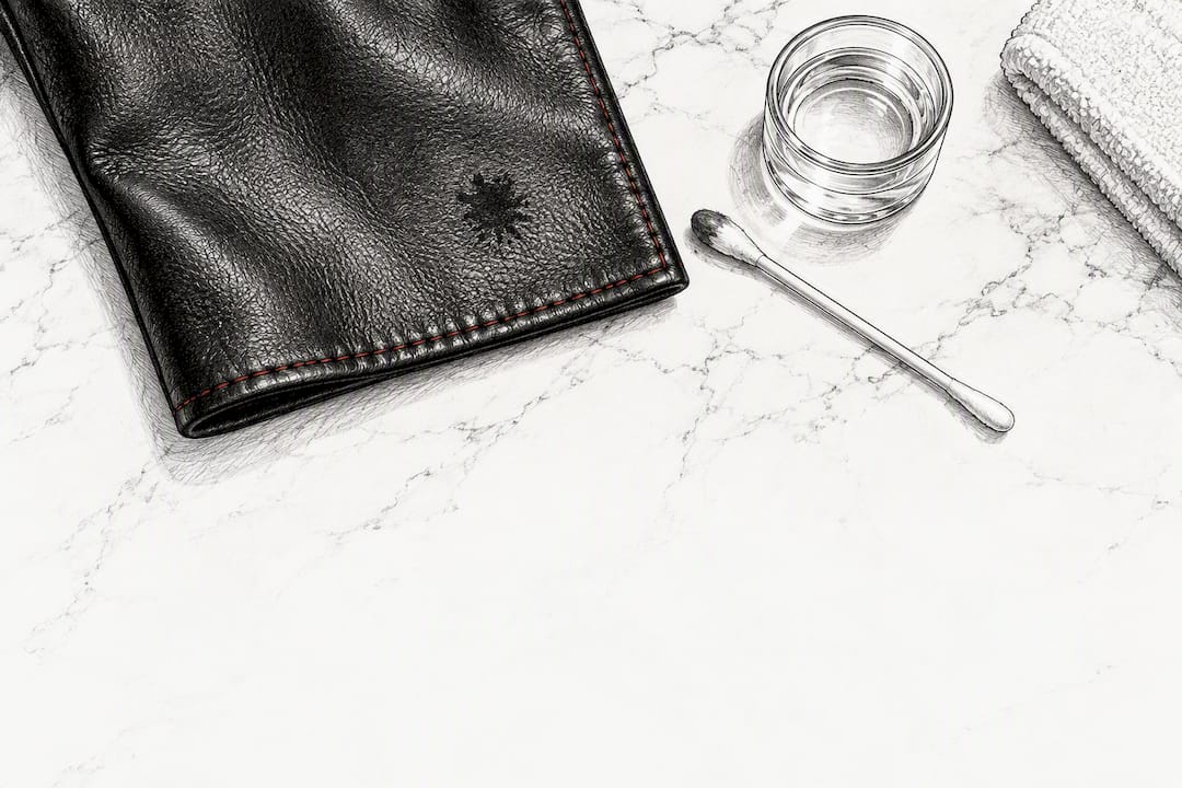Ink mark and cotton swab beside leather
