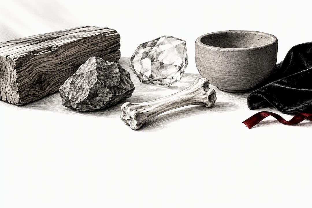 Wood stone bone glass and clay fragments