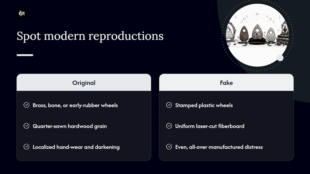 Three visual checks for identifying planchette reproductions