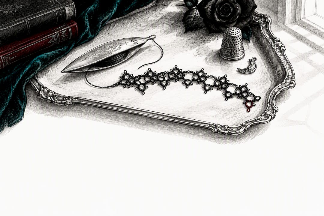 Tatting shuttle beside geometric lace edging