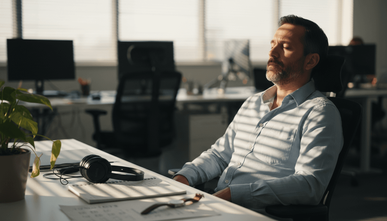 Man practicing focused meditation at his desk