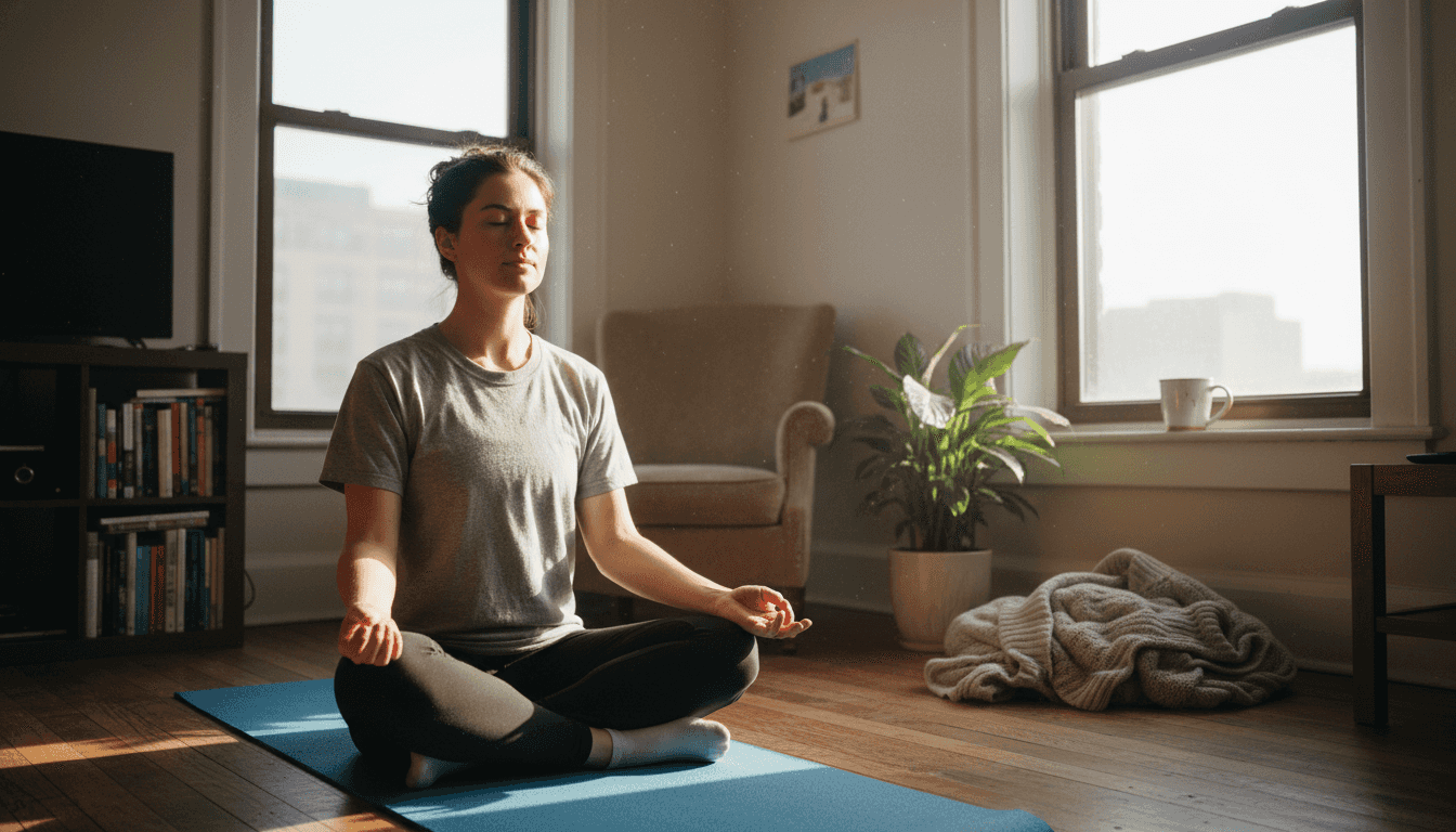 Woman meditating quietly by apartment window