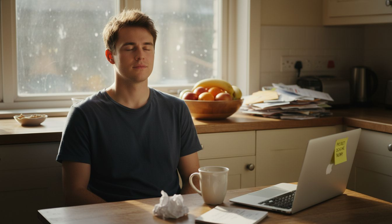 Man doing morning meditation at kitchen table