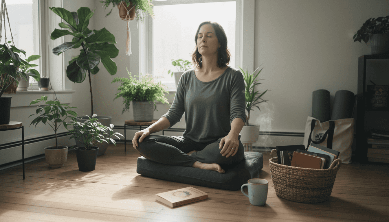 Woman meditating in sunlit home corner