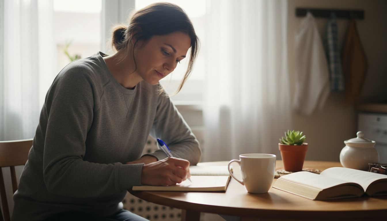 Woman journaling at sunlit kitchen table